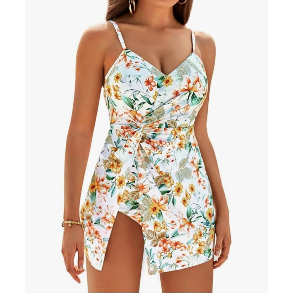 NWT Grace Karin White Floral One Piece Modest Swimsuit Swim Dress Size Medium
